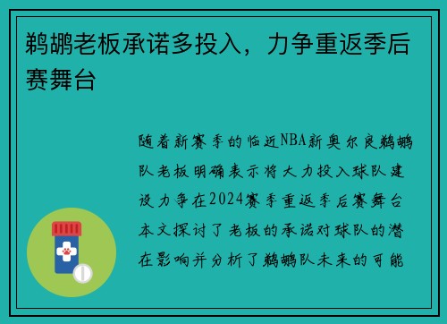 鹈鹕老板承诺多投入，力争重返季后赛舞台